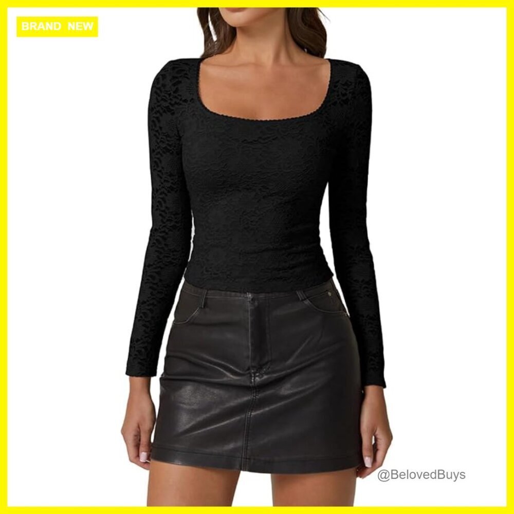 Long Sleeve Lace Crop Top Slim Fit Square Neck Basic Shirt